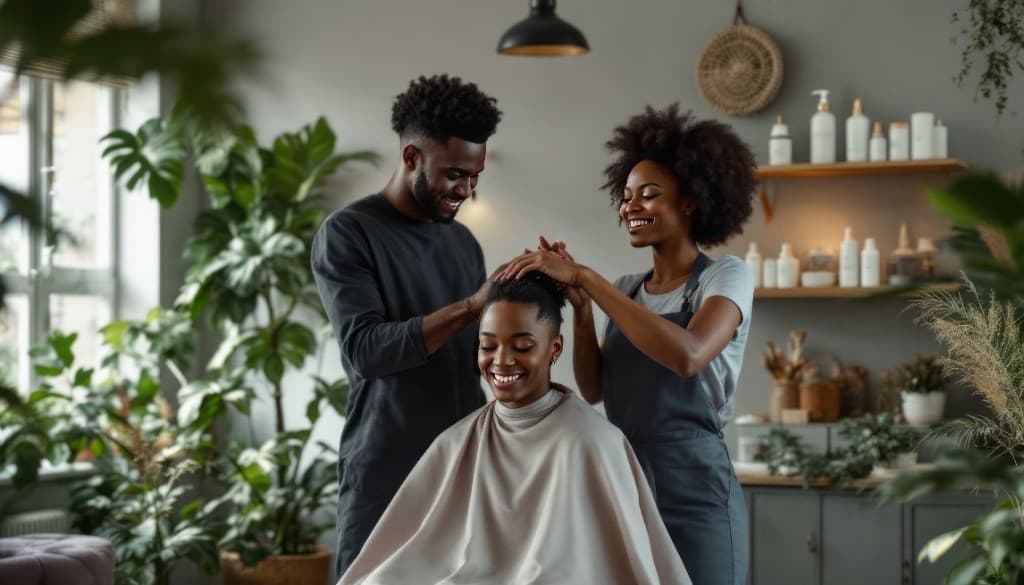 Stylists caring for a client in a modern salon